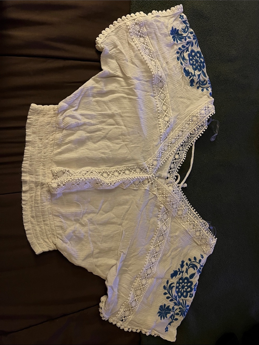 Self Esteem White Off-Shoulder Camisole with Blue Floral Embroidery